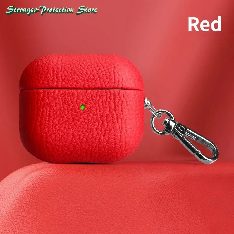 Genuine Leather For AirPods Pro 3 Case AirPods Pro 2 Airpods 4 Airpods 3 cover Lychee Pattern Cowhide With Buckle