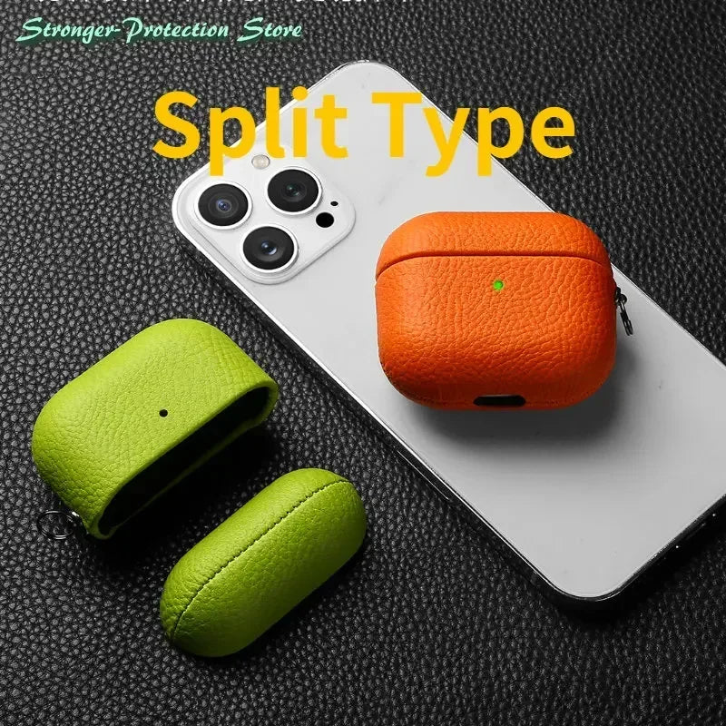 Genuine Leather For AirPods Pro 3 Case AirPods Pro 2 Airpods 4 Airpods 3 cover Lychee Pattern Cowhide With Buckle