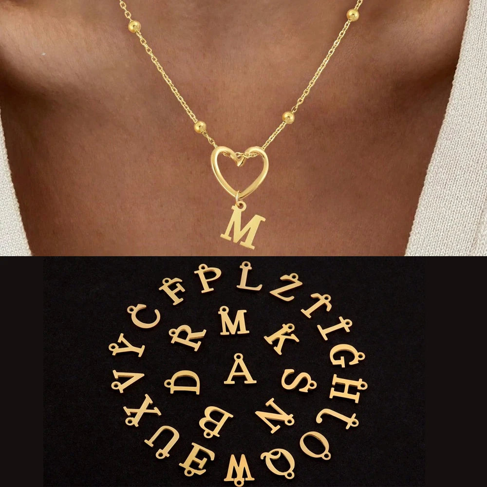 Stainless Steel Gold Plated Hollow Out Heart Initial Nekcklace for Women 26 Letter Pendant Necklace Bead Chain Birthday Gifts