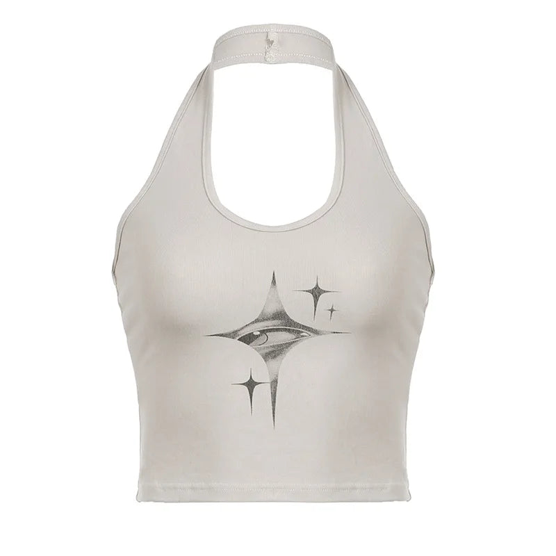 Top Women Y2k Devil's Eyes Retro Print Hanging Neck Suspender Vest Women's Summer Korean Fashion Slim And Slimming Short Top