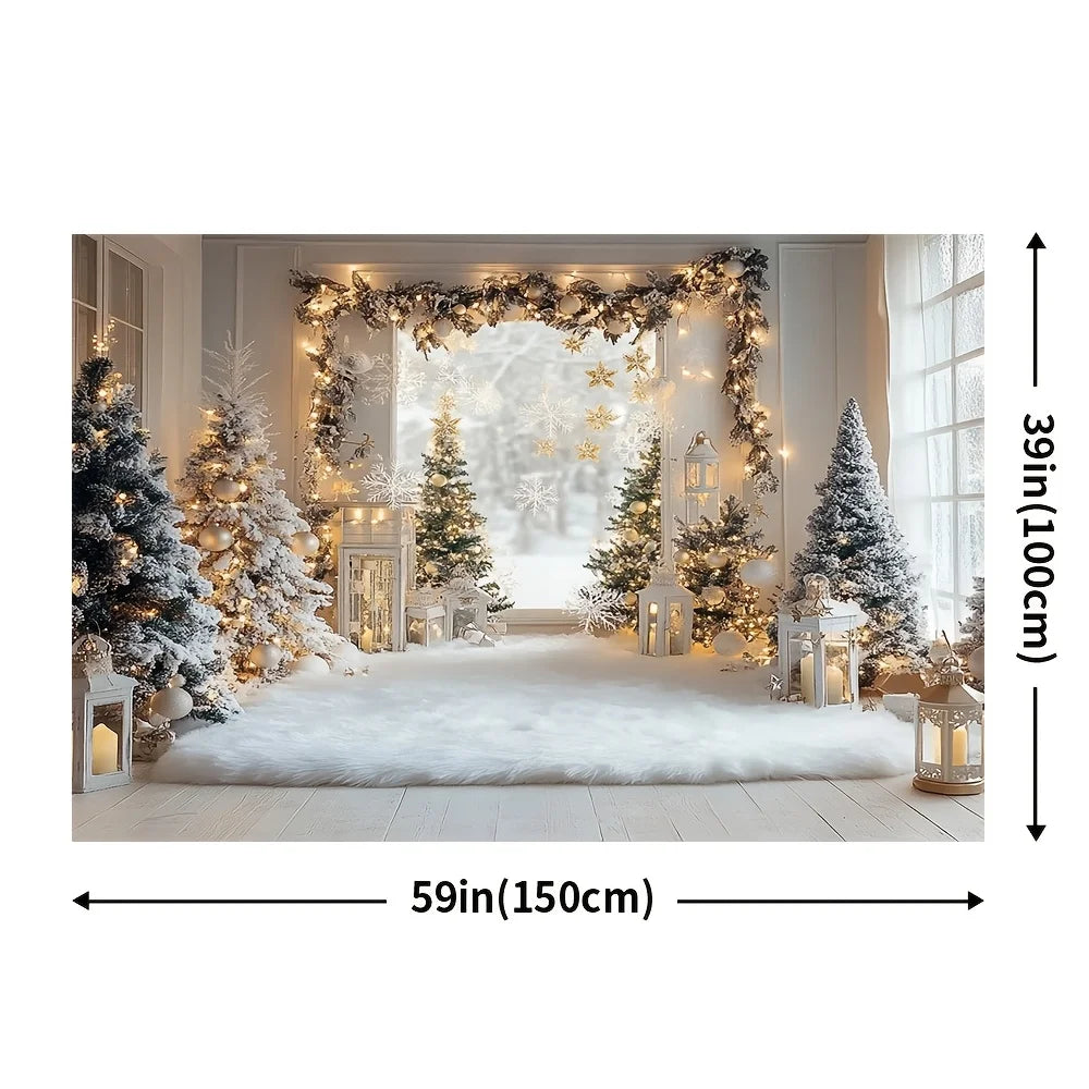 1 piece, winter Christmas background cloth with snow trees, white branches and leaves, and flashing light strings