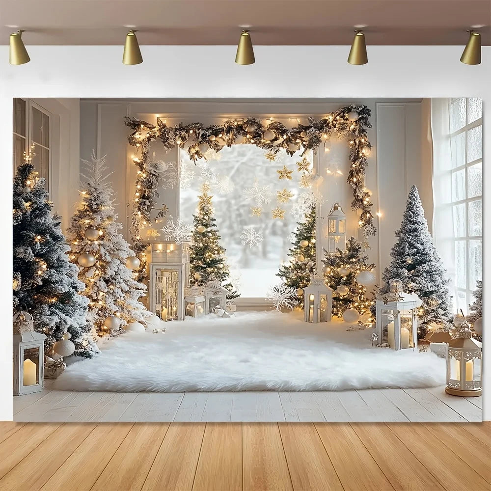 1 piece, winter Christmas background cloth with snow trees, white branches and leaves, and flashing light strings