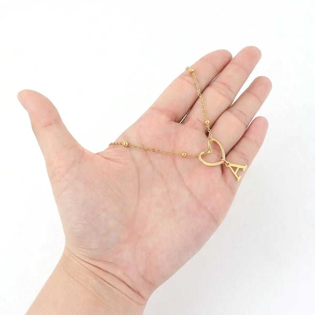 Stainless Steel Gold Plated Hollow Out Heart Initial Nekcklace for Women 26 Letter Pendant Necklace Bead Chain Birthday Gifts