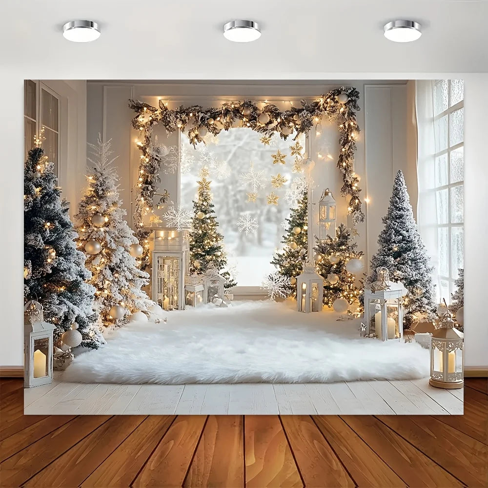 1 piece, winter Christmas background cloth with snow trees, white branches and leaves, and flashing light strings