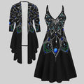 Fashion Print  Two Piece Set for Women V Neck Midi Dress 3/4 Sleeve Asymmetric Hem Open Front Cardigan Casual Holiday Outfit