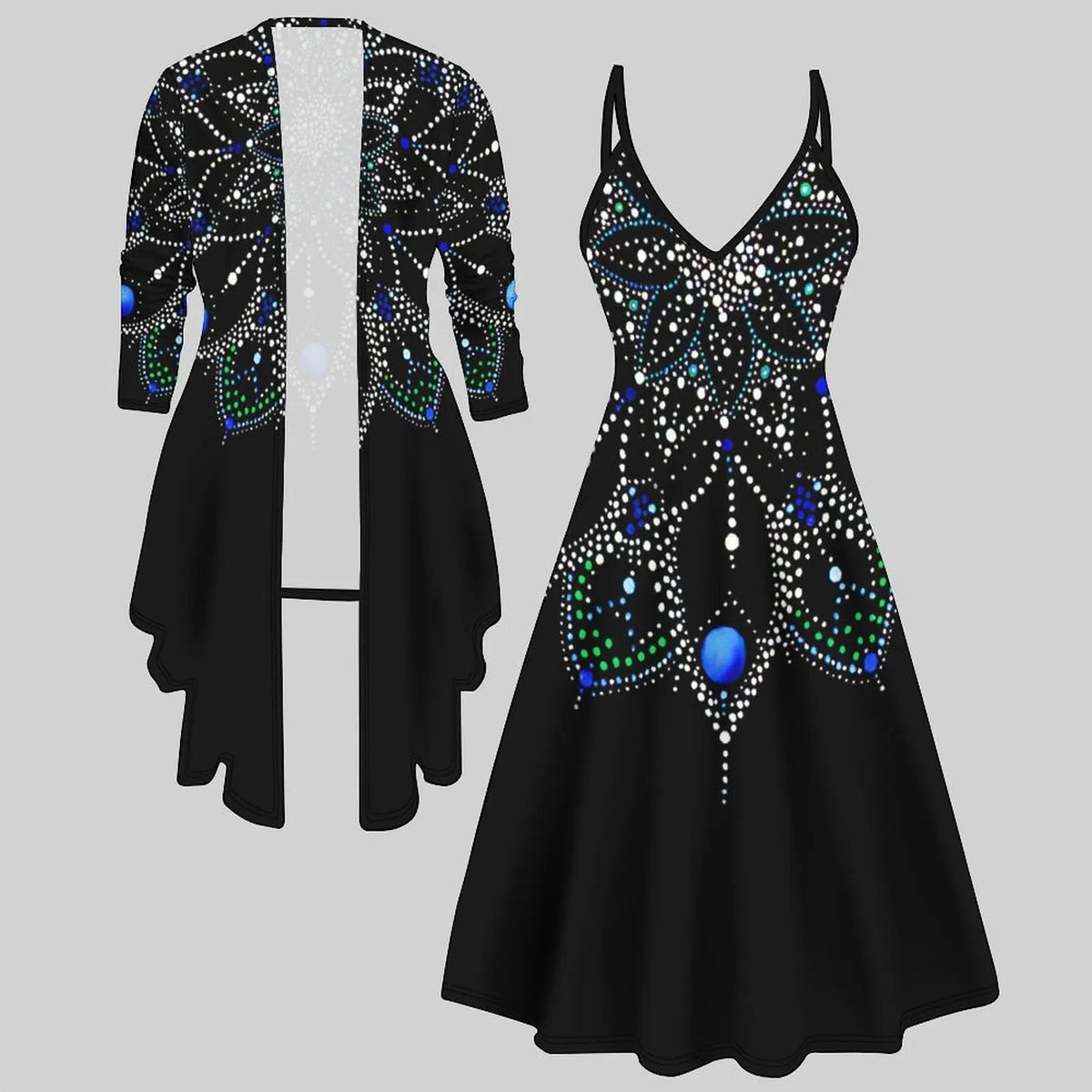 Fashion Print  Two Piece Set for Women V Neck Midi Dress 3/4 Sleeve Asymmetric Hem Open Front Cardigan Casual Holiday Outfit