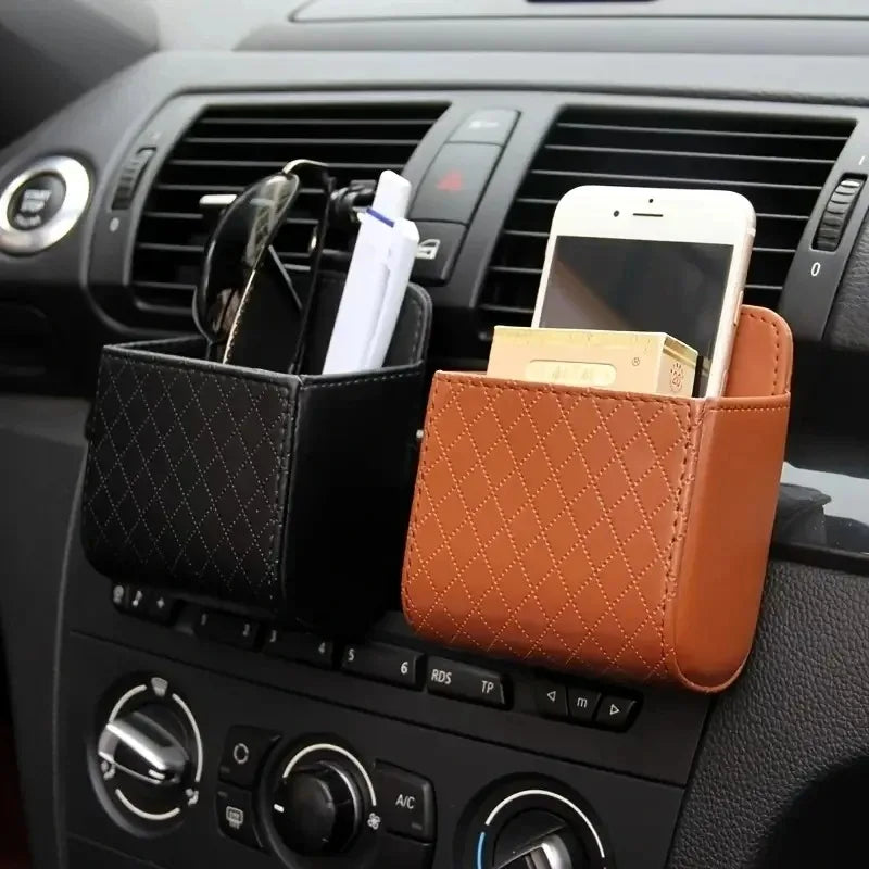 1pc Car Storage Bag Car Air Outlet Debris Bag For Mobile Phone Key Sunglasses Vent Dashboard Tidy Hanging Leather Organizer Box