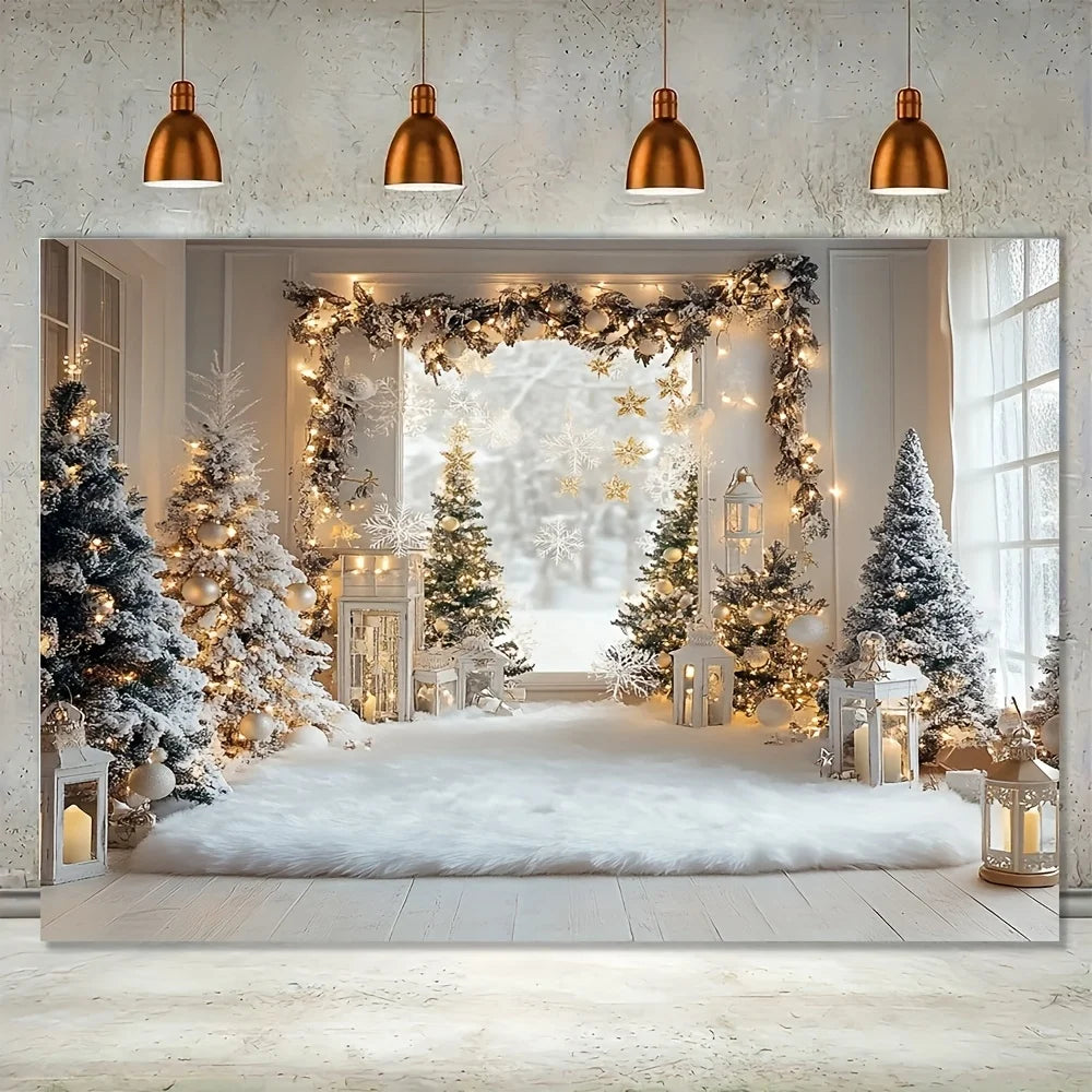 1 piece, winter Christmas background cloth with snow trees, white branches and leaves, and flashing light strings