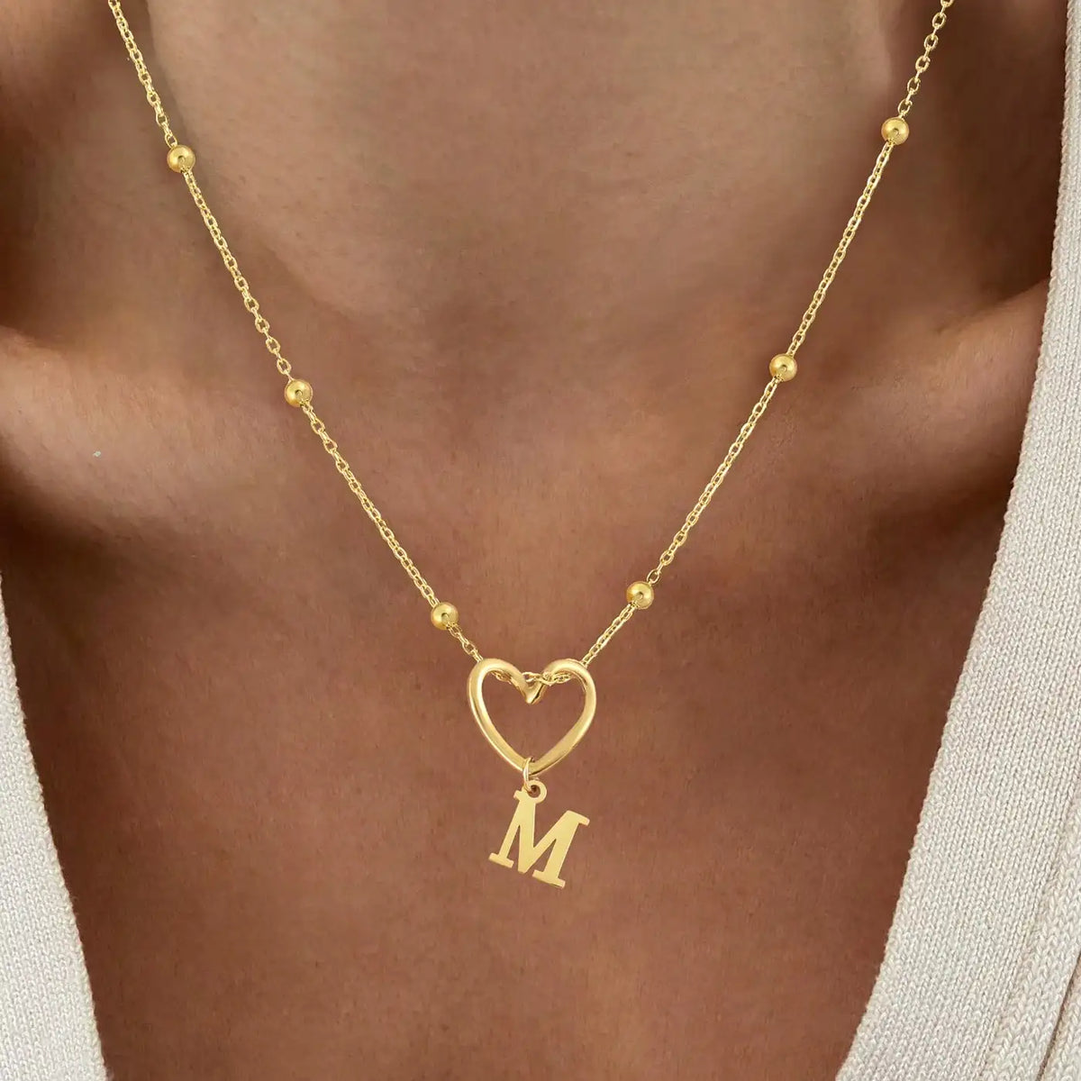 Stainless Steel Gold Plated Hollow Out Heart Initial Nekcklace for Women 26 Letter Pendant Necklace Bead Chain Birthday Gifts
