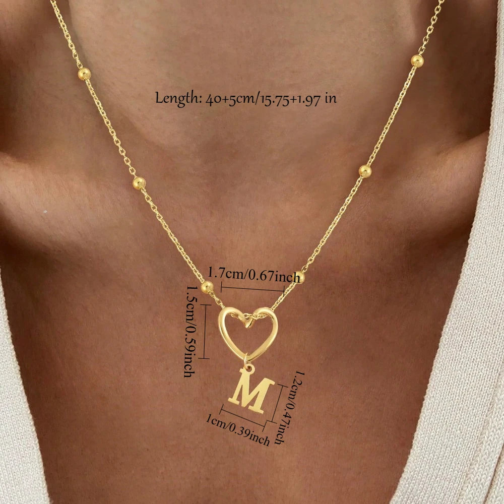 Stainless Steel Gold Plated Hollow Out Heart Initial Nekcklace for Women 26 Letter Pendant Necklace Bead Chain Birthday Gifts