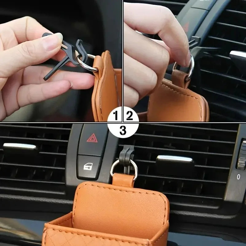 1pc Car Storage Bag Car Air Outlet Debris Bag For Mobile Phone Key Sunglasses Vent Dashboard Tidy Hanging Leather Organizer Box