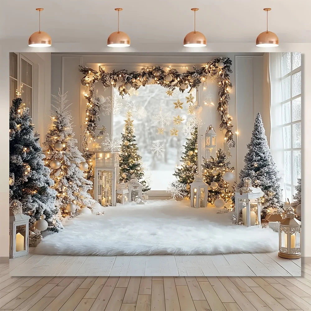 1 piece, winter Christmas background cloth with snow trees, white branches and leaves, and flashing light strings