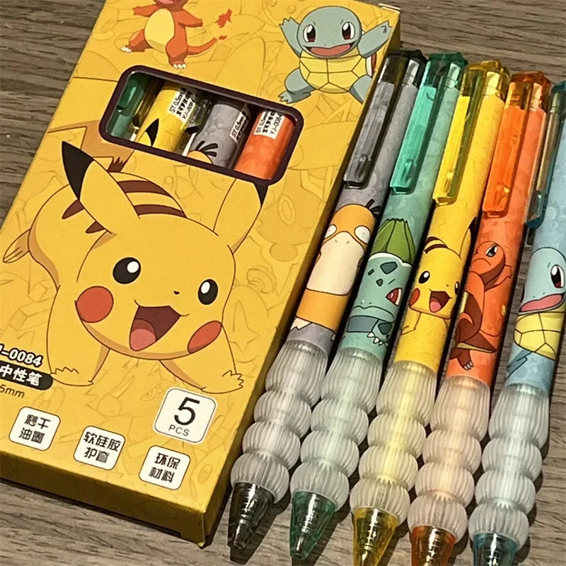 5pcs Pikachu Gel Pen Set Pokemon Ballpoint Pen Cartoon Printing Writing Pen Students Stationery Office Supplies