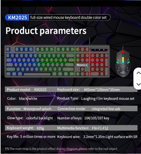 Lightweight 435g Keyboard & Mouse Set – 105 Keys, Colorful Backlit