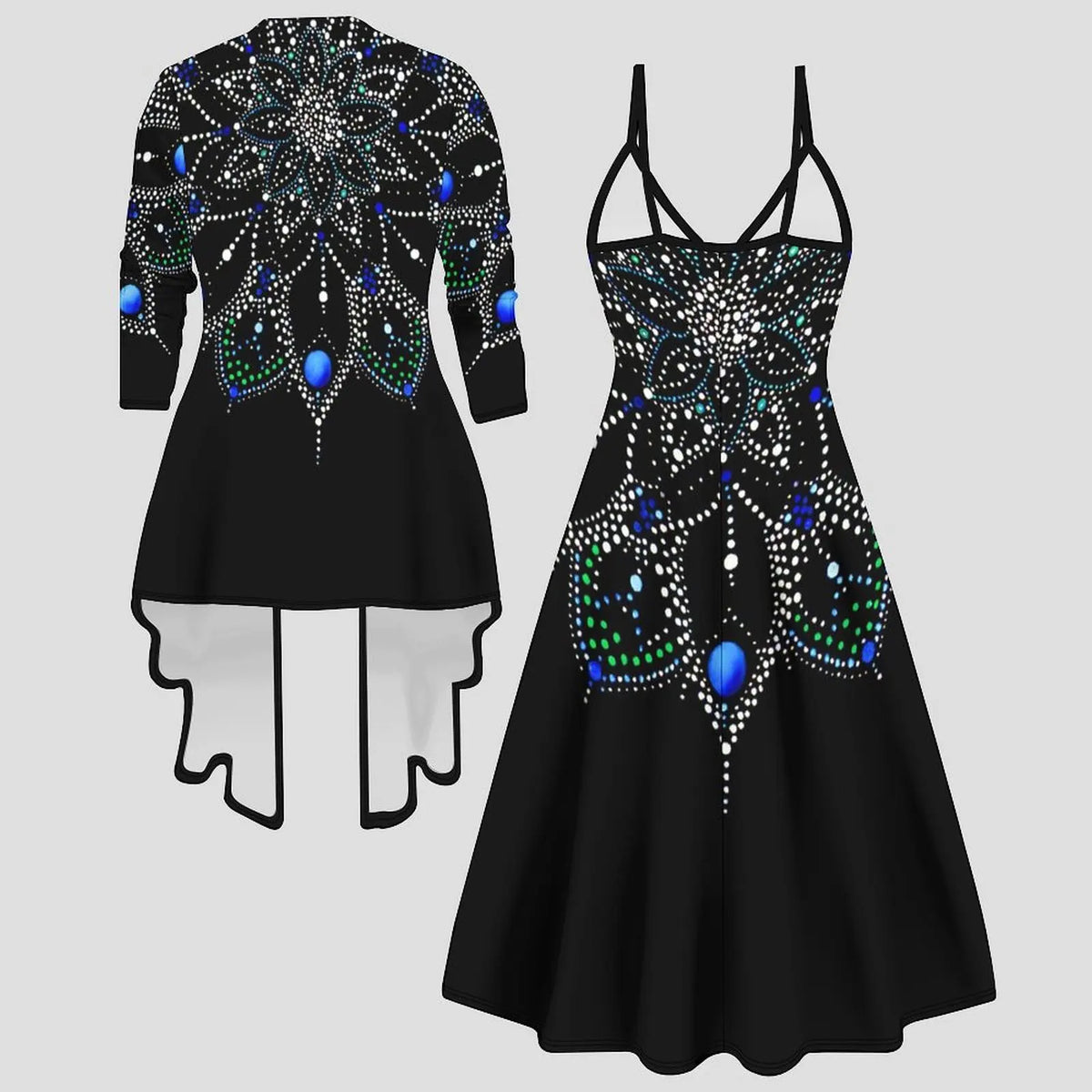 Fashion Print  Two Piece Set for Women V Neck Midi Dress 3/4 Sleeve Asymmetric Hem Open Front Cardigan Casual Holiday Outfit