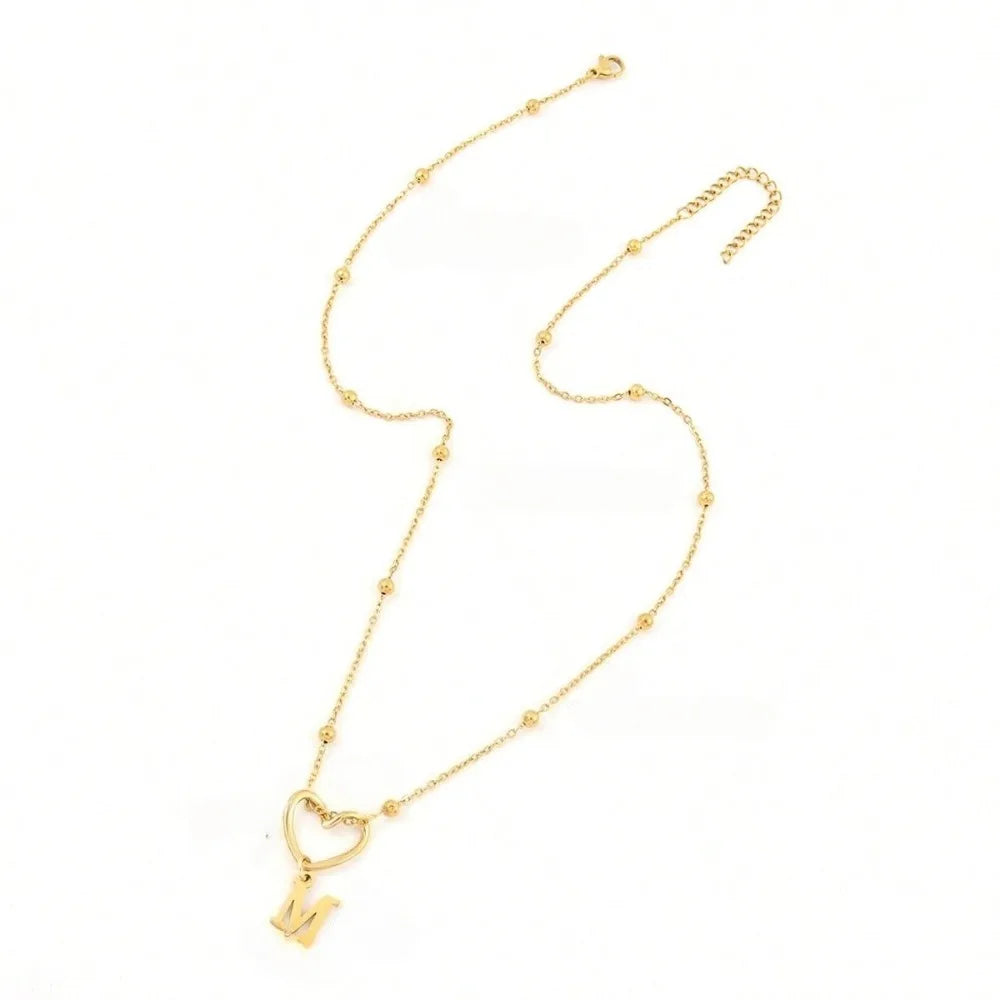Stainless Steel Gold Plated Hollow Out Heart Initial Nekcklace for Women 26 Letter Pendant Necklace Bead Chain Birthday Gifts