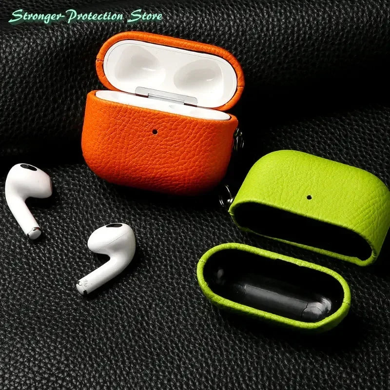 Genuine Leather For AirPods Pro 3 Case AirPods Pro 2 Airpods 4 Airpods 3 cover Lychee Pattern Cowhide With Buckle